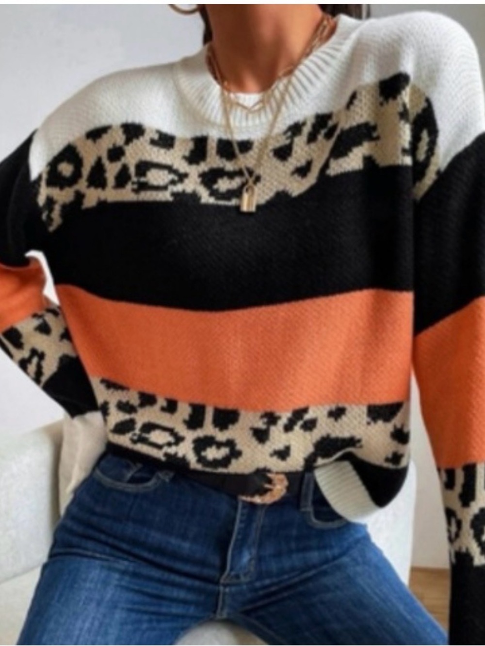 Miracle Colorblock Leopard Crewneck Sweater — Black, White, Cream & Orange